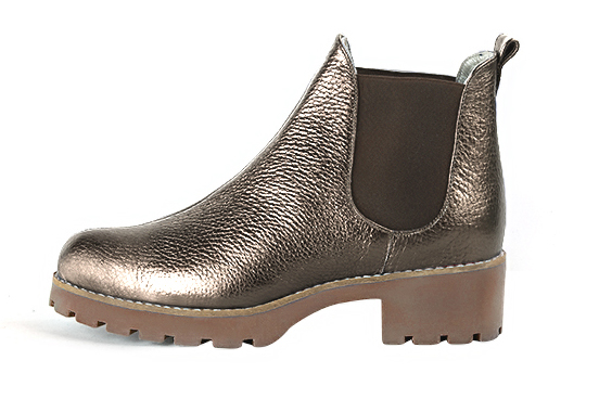 Bronze beige and taupe brown women's ankle boots, with elastics. Round toe. Low rubber soles. Profile view - Florence KOOIJMAN